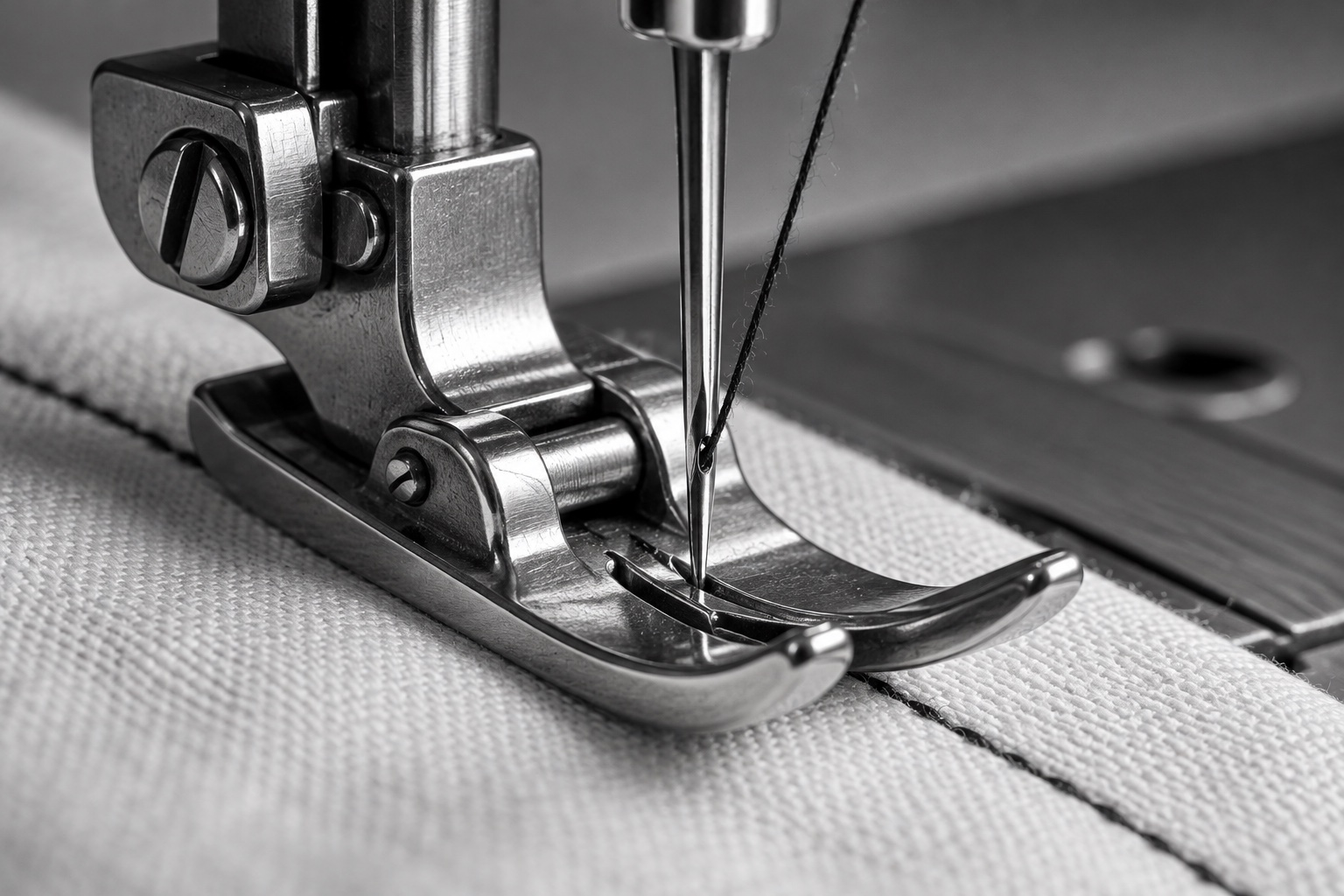 Illustrative monochrome study of a sewing machine needle and presser foot on cotton